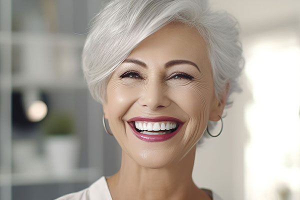 A smiling older woman with white hair, wearing a white top, stands against a blurred background in an indoor setting.