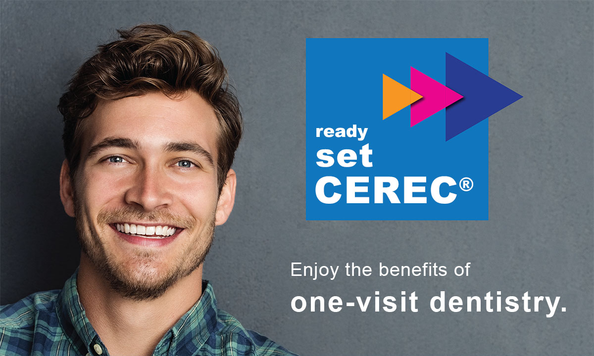 The image shows a man smiling at the camera with a graphic overlay featuring text and a logo for  CEREC  dental technology, emphasizing speed and enjoyment of dentistry.