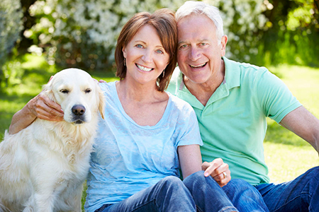 The image depicts an elderly couple sitting outdoors with their golden retriever dog on a sunny day.