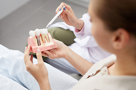 A person holding a pink toothbrush with toothpaste over a model mouth while another person observes.